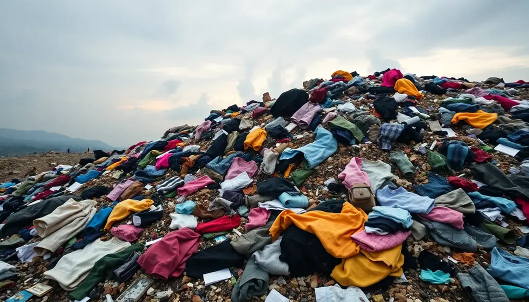 The environmental and societal impact of fast fashion emphasized by overflowing landfills.
