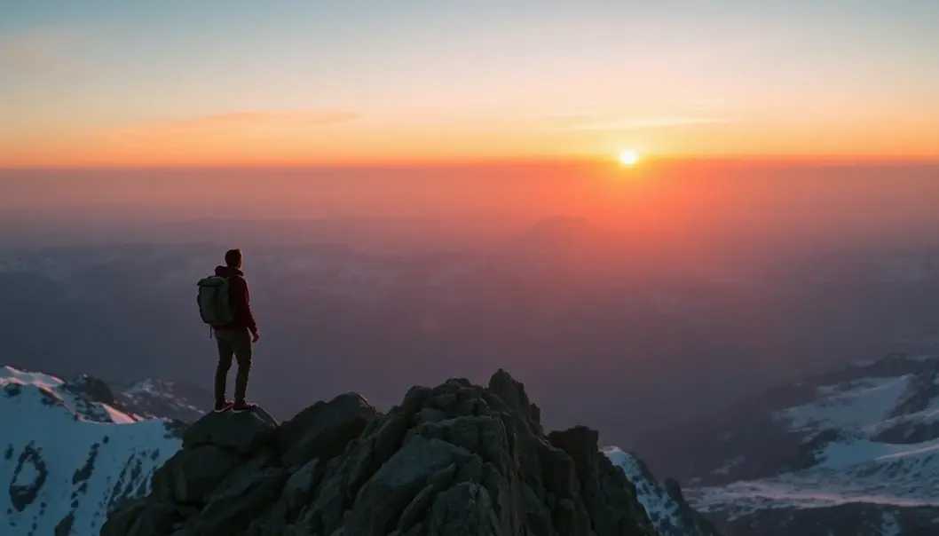 A solo adventurer atop a majestic mountain, capturing the serenity of the high peaks.