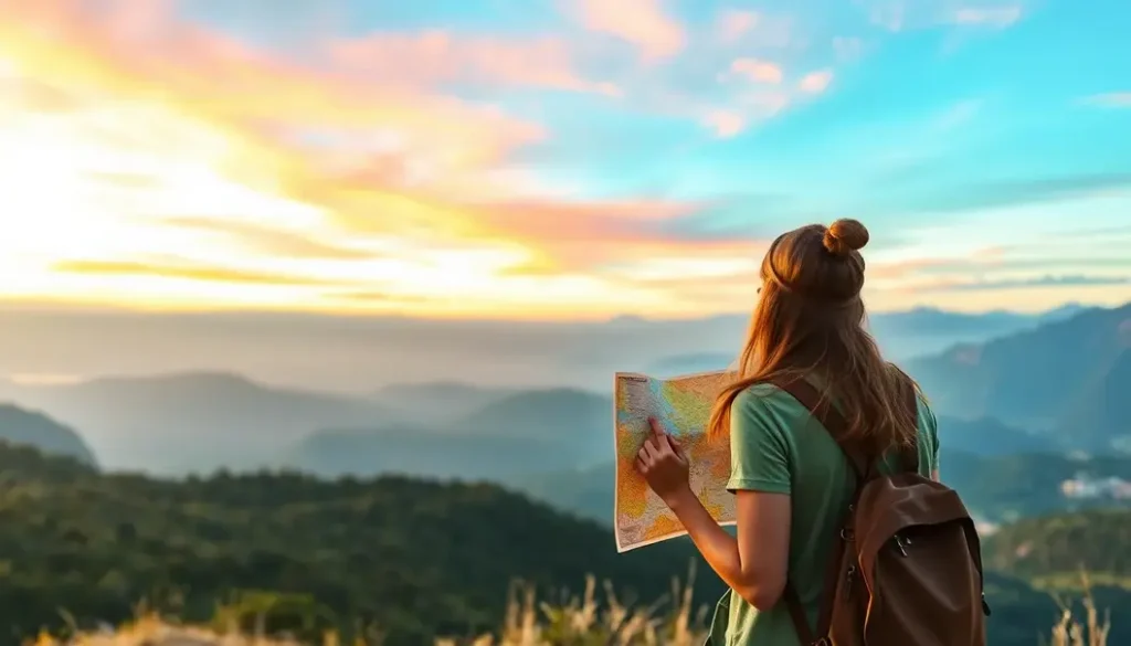 Solo adventurer holding a map with mountains and vibrant skies ahead.