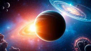 Photorealistic collage of planets and cosmic phenomena in space.