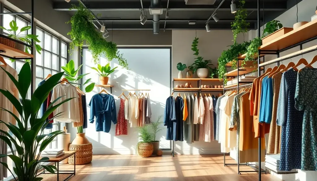 An interior of a store featuring sustainable fashion items with natural decor.