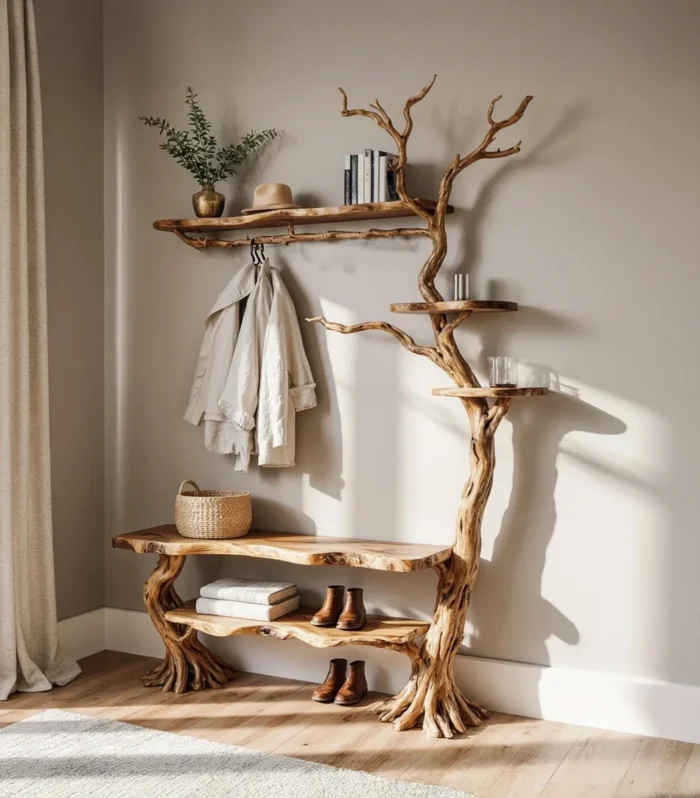 Driftwood Tree Branch Wall Mounted Coat Rack With Live Edge Shelf And Hidden Storage